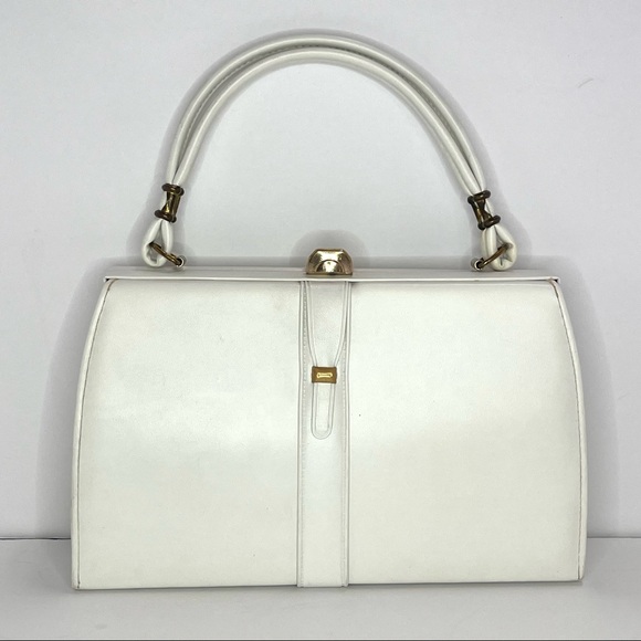 N/A Handbags - Vintage Madwed White Leather Purse Frame Doctor Bag Gold Tone Metal Closure